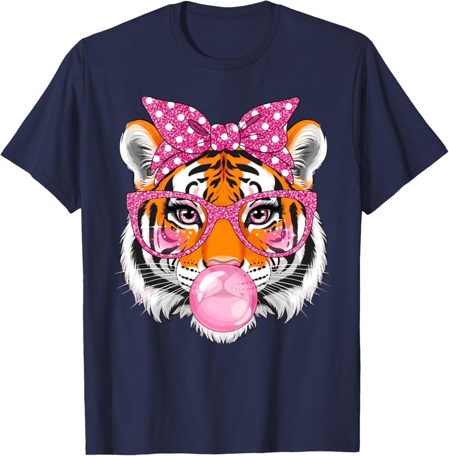 Tiger with Glasses Bubblegum and Pink Bow T-Shirt - T-Shirt | Navy