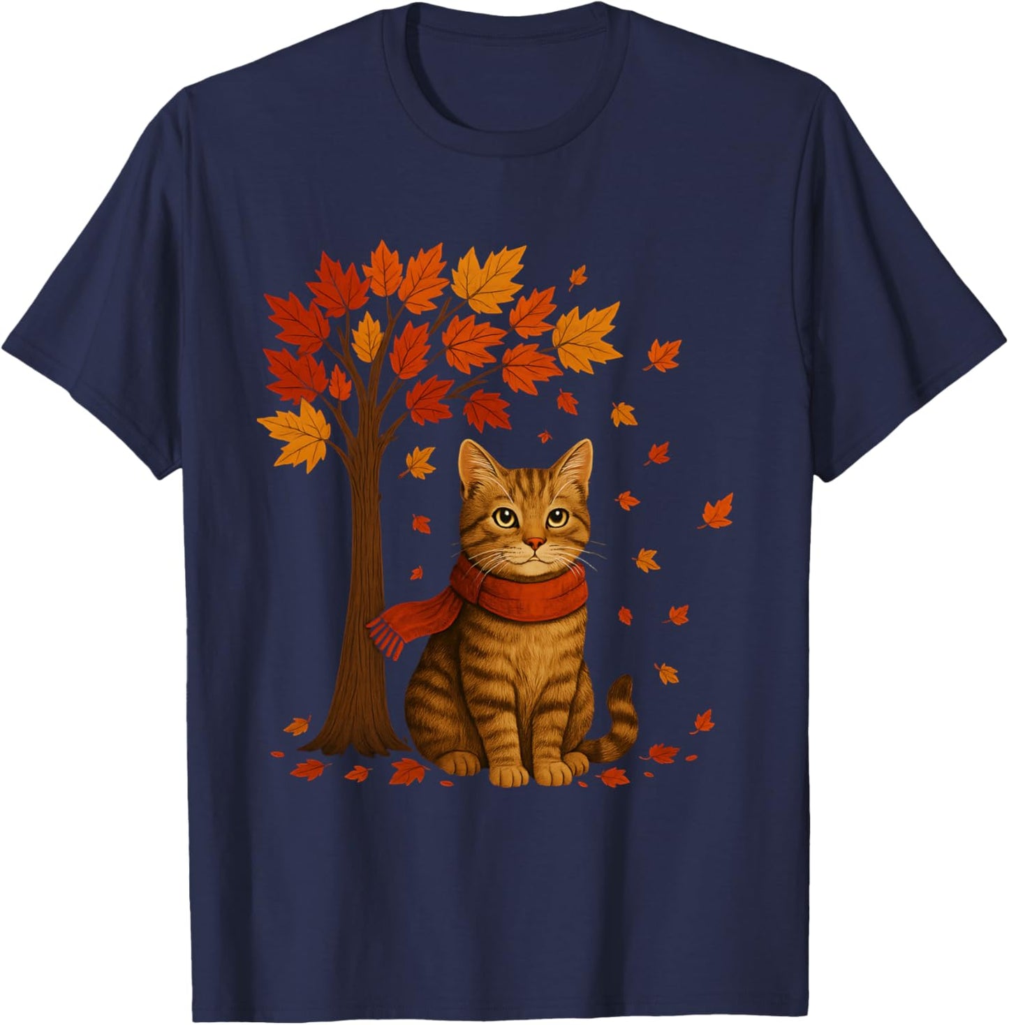 Autumn Cat Illustration with Falling Leaves for Everyone T-Shirt - T-Shirt | Navy