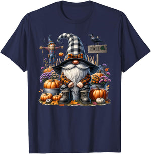Floral Autumn Gnome With Scarecrow Raven And Fall Pumpkins T-Shirt - T-Shirt | Navy