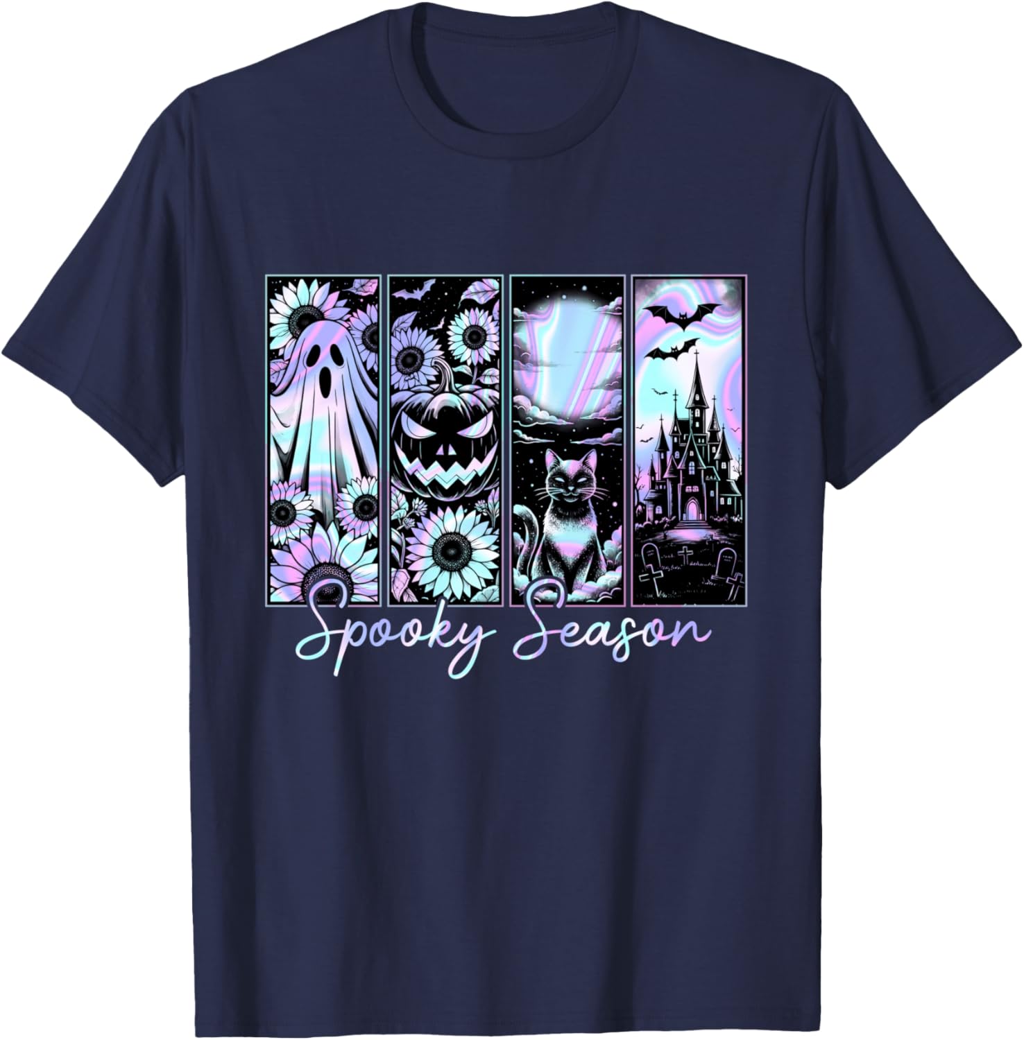 Spooky Season Halloween Ghost Pumpkin Black-Cats Horror T-Shirt - T-Shirt | Navy