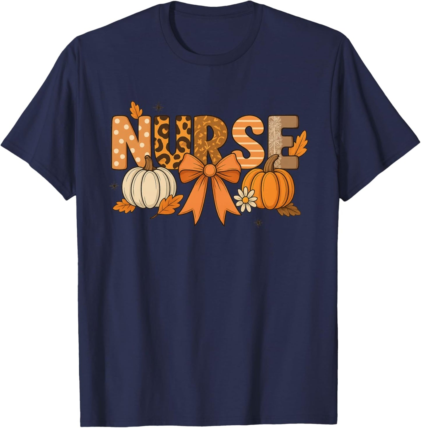 Fall Nurse Pumpkin Leopard Print Autumn Thanksgiving T-Shirt - T-Shirt | Navy