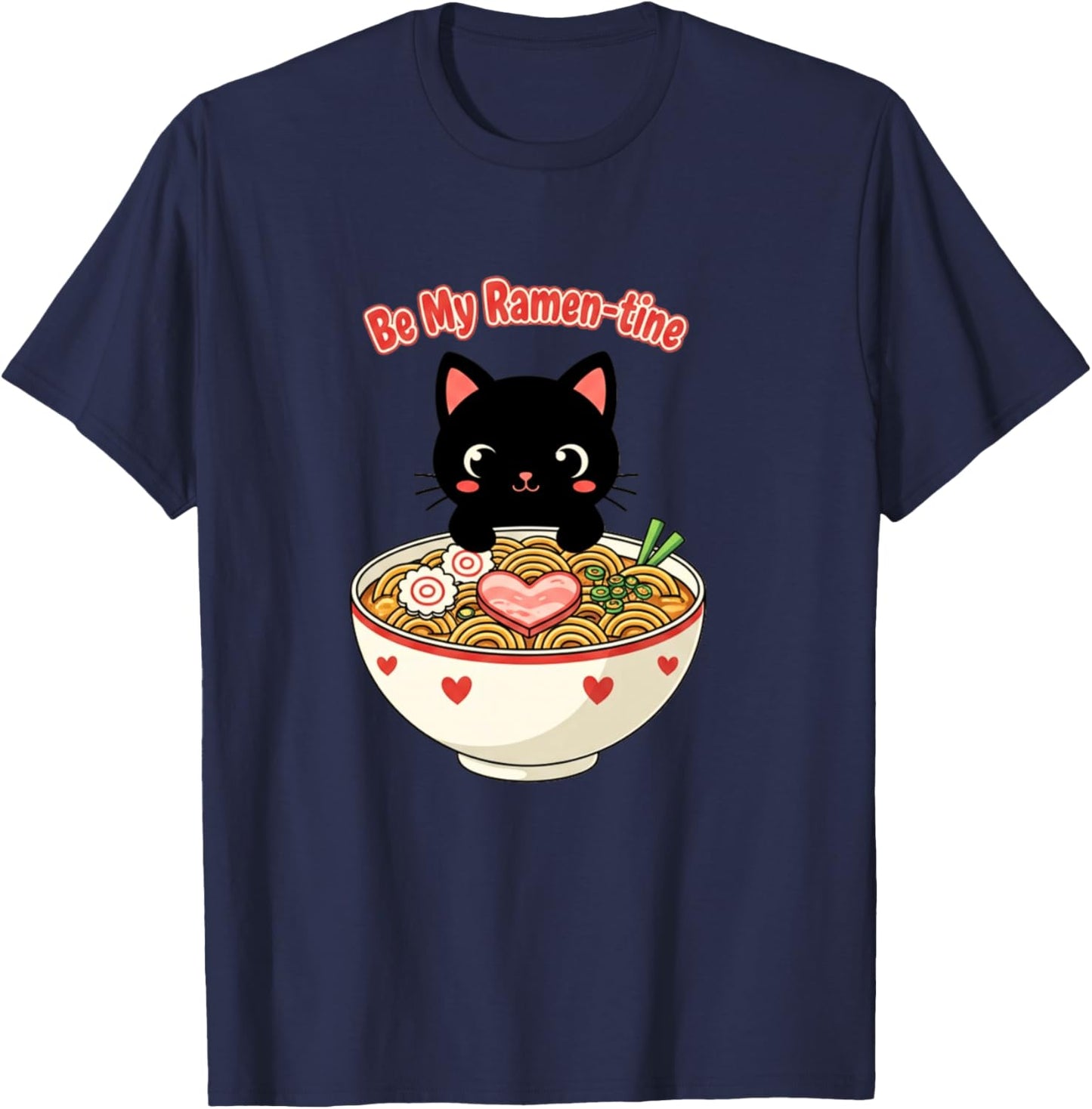 Chat Mangeant Ramen Mignon Saint-Valentin Japonais Manche Longue T-Shirt - T-Shirt | Navy