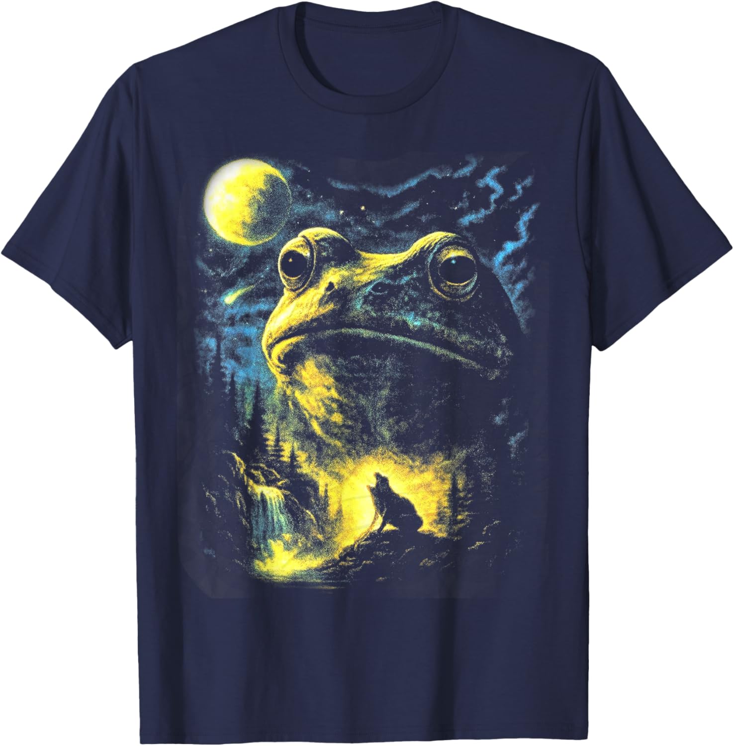 Retro Frog and Wolf Nature Scene, Full Moon Forest Lover T-Shirt - T-Shirt | Navy