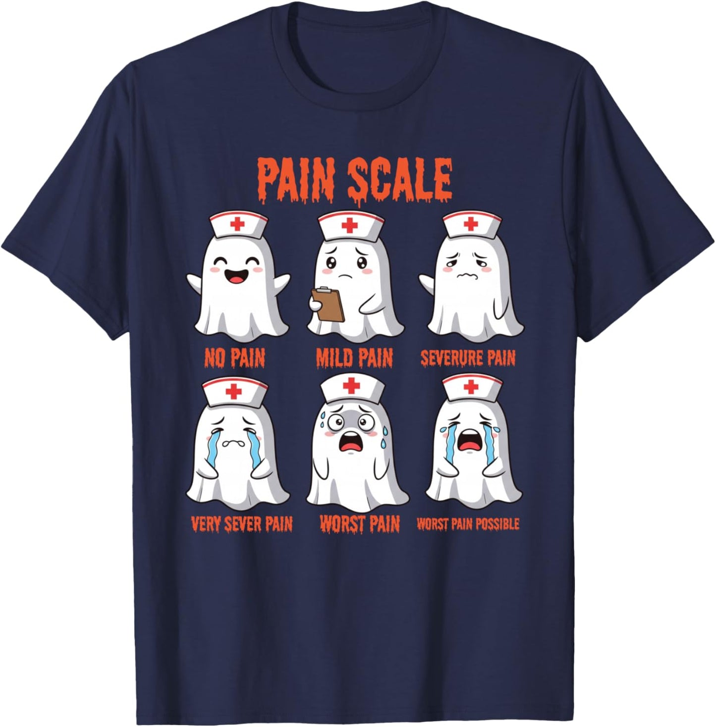 Pain Scale Spooky Ghosts Fall Halloween Trauma Funny Nurse T-Shirt - T-Shirt | Navy