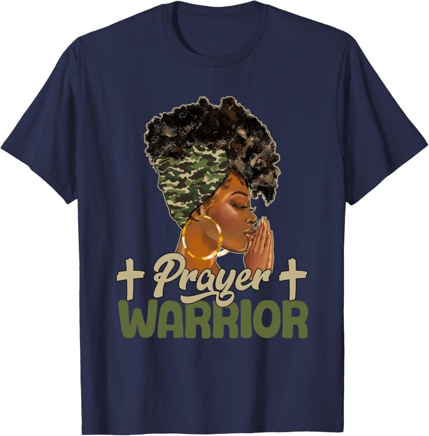 Praying Black Woman Afro Christian Sayings Prayer Warrior T-Shirt - T-Shirt | Navy