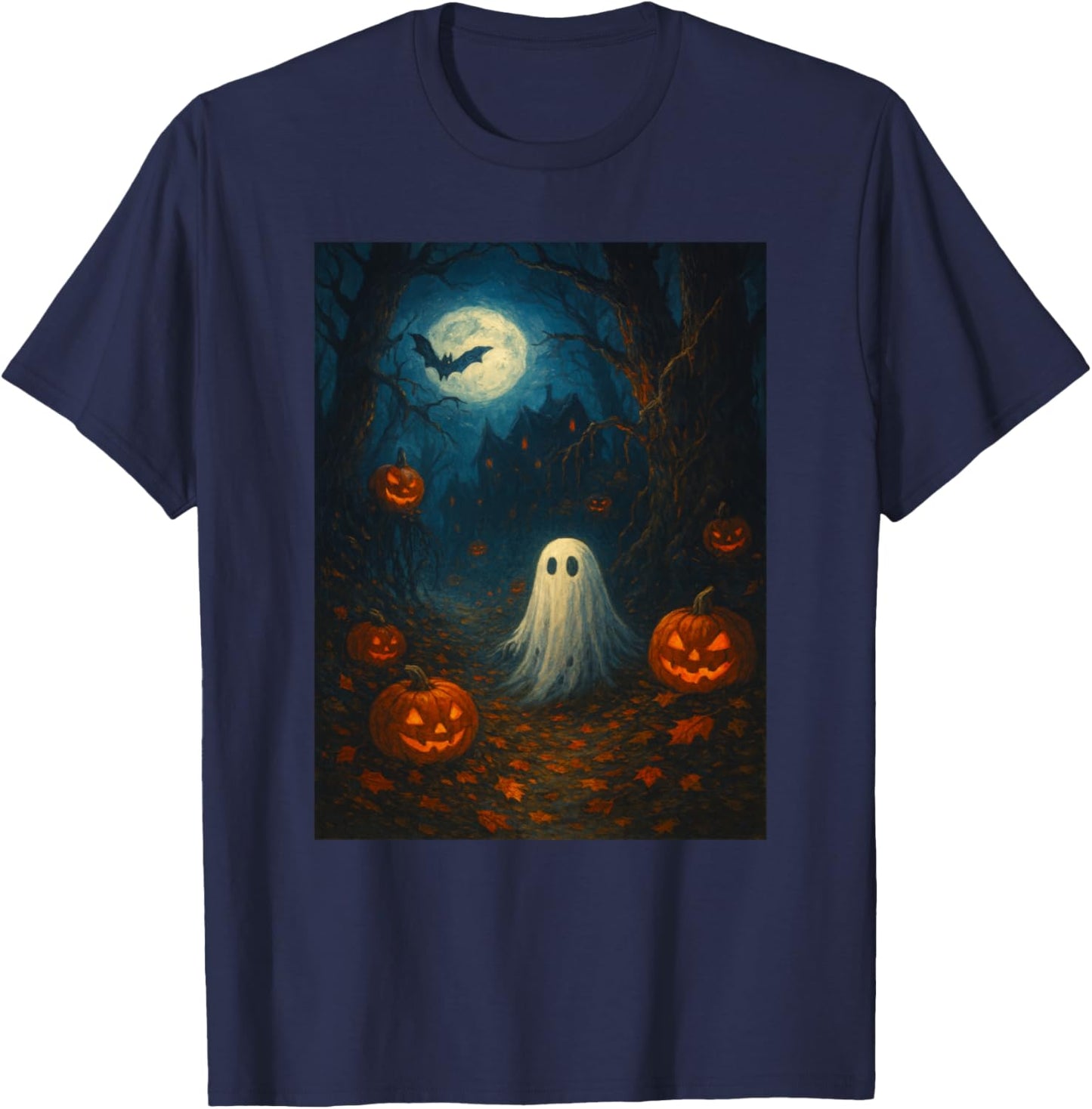 Vintage Floral Ghost Halloween Ghost in the Forest Gothic T-Shirt - T-Shirt | Navy