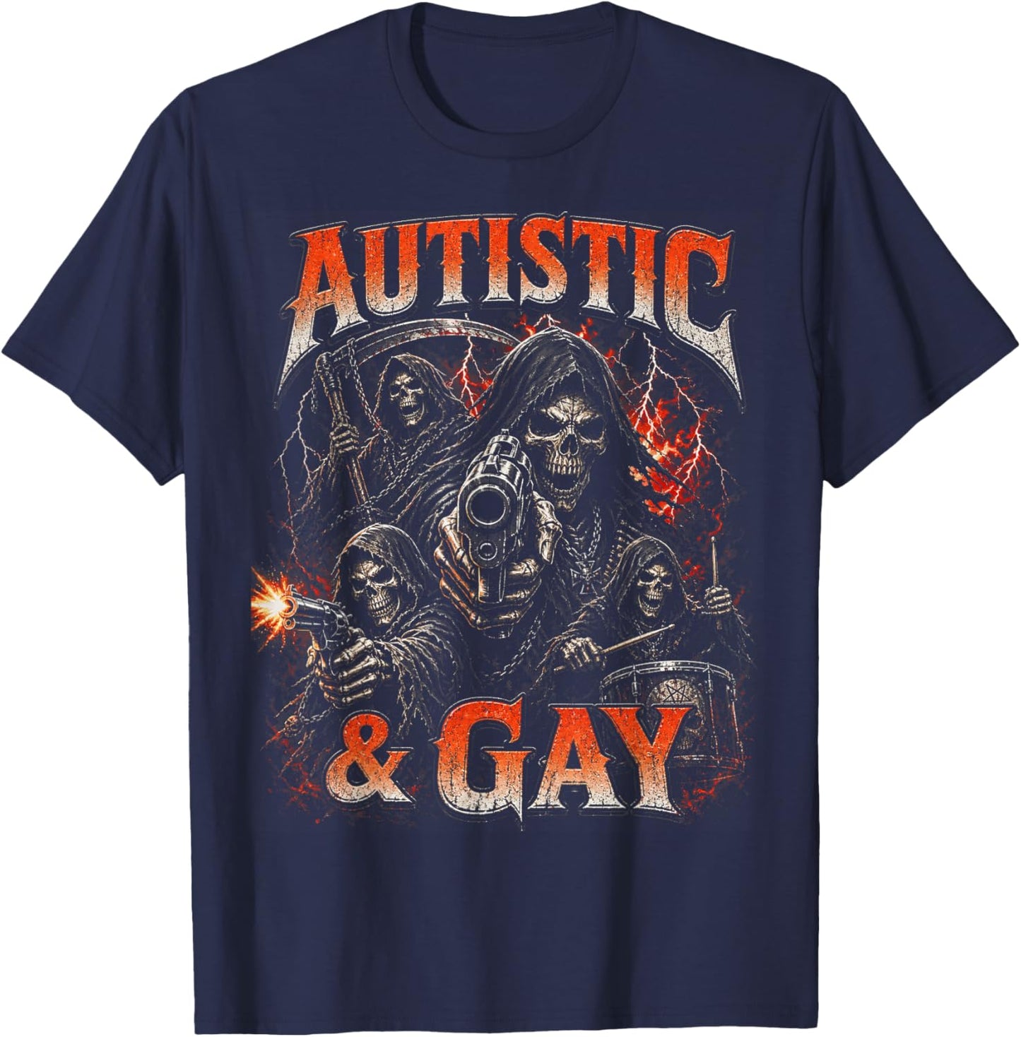 Autistic and Gay Funny Skeleton Reaper Meme Bootleg Y2K T-Shirt - T-Shirt | Navy