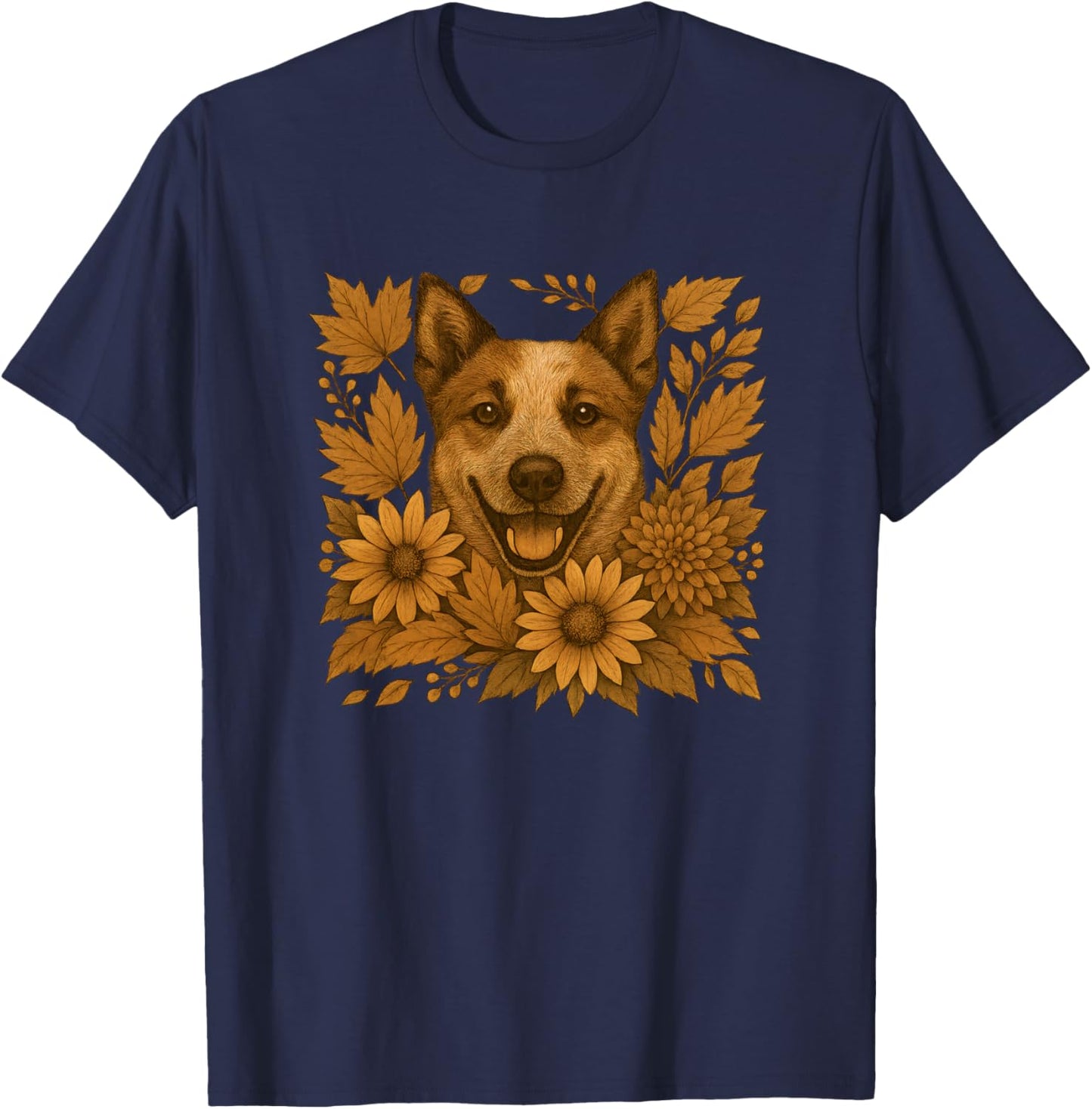 Cute Floral Red Heeler Autumn Fall Leaves Dog Art T-Shirt - T-Shirt | Navy