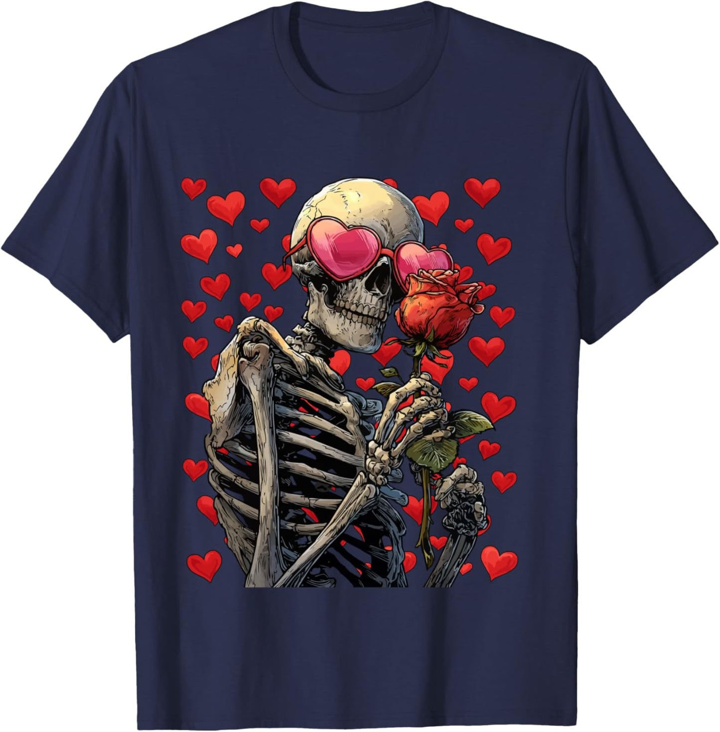 Glasses Skeleton with Heart Pink Gothic Valentine's Day Gothic T-Shirt - T-Shirt | Navy