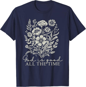 God Is Good All The Time Vintage Boho Floral Christian Jesus T-Shirt - T-Shirt | Navy
