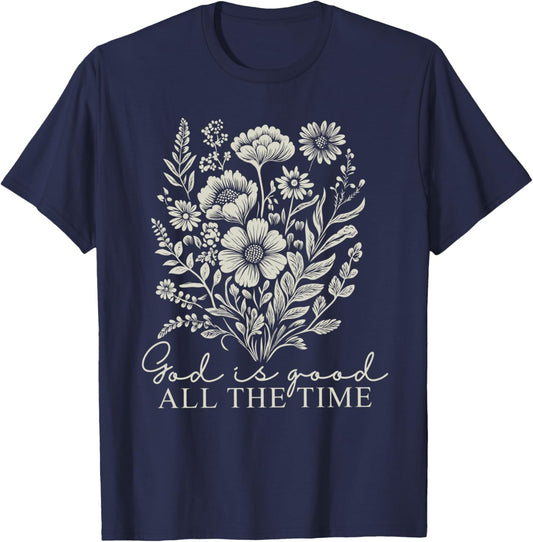 God Is Good All The Time Vintage Boho Floral Christian Jesus T-Shirt - T-Shirt | Navy