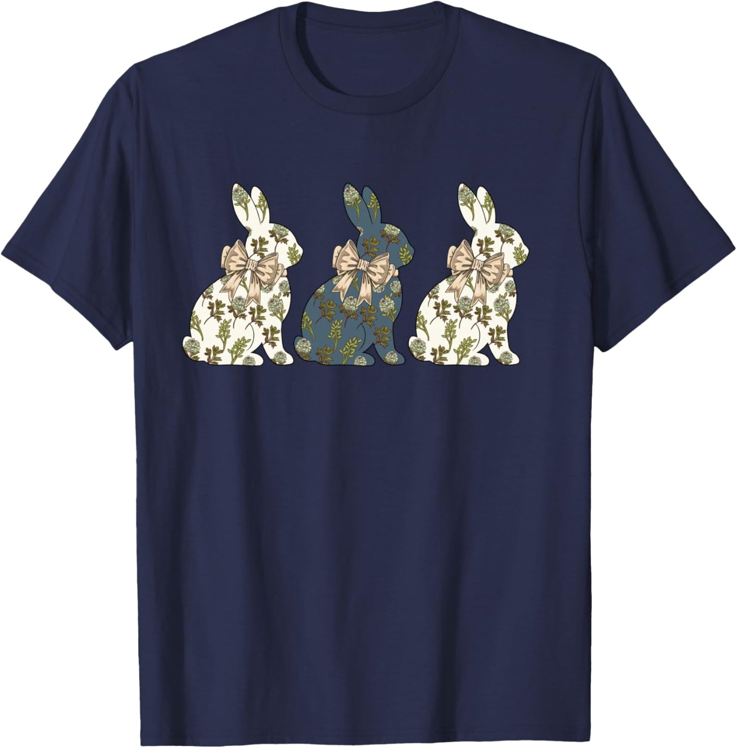 Happy Easter Bunny Floral Chinoiserie Toile Rabbit Coquette Manche Longue T-Shirt - T-Shirt | Navy