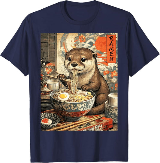 Funny Ramen Otter Anime Otaku Noodles Graphic T-Shirt - T-Shirt | Navy