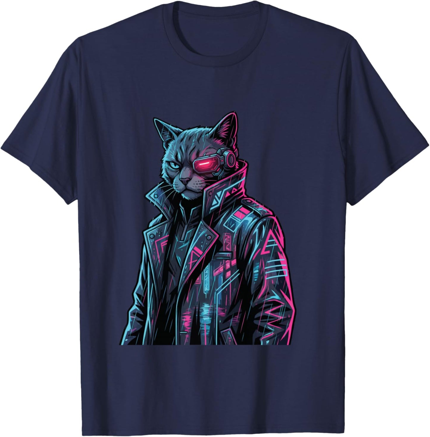 Cyberpunk Cat Cyborg Sci-Fi Synthwave Future Art T-Shirt - T-Shirt | Navy