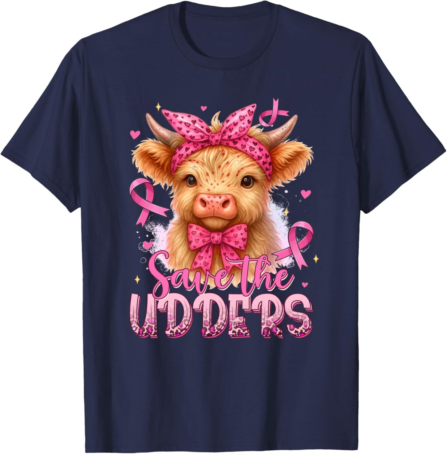 Breast Cancer Awareness Highland Cow Saves The Udders T-Shirt - T-Shirt | Navy