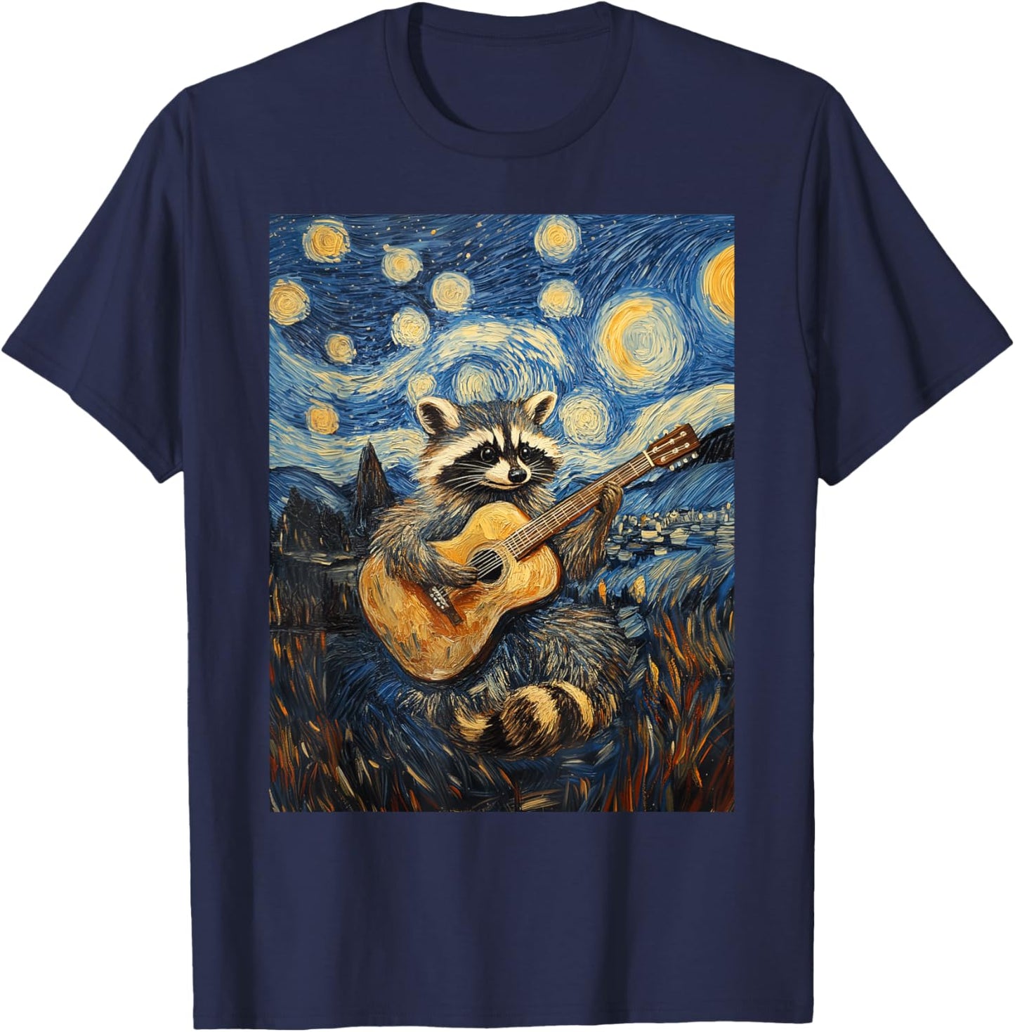 Funny Raccoon Play Guitar Guitarist Starry Night Van Gogh T-Shirt - T-Shirt | Navy