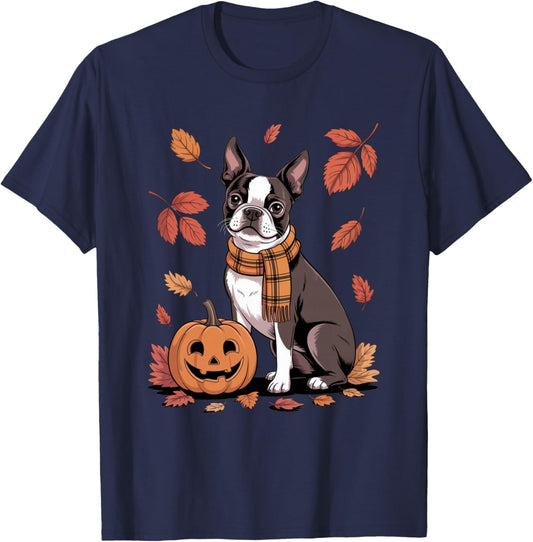 Boston Terrier Dog Lover Pumpkin Fall Autumn Thanksgiving T-Shirt - T-Shirt | Navy
