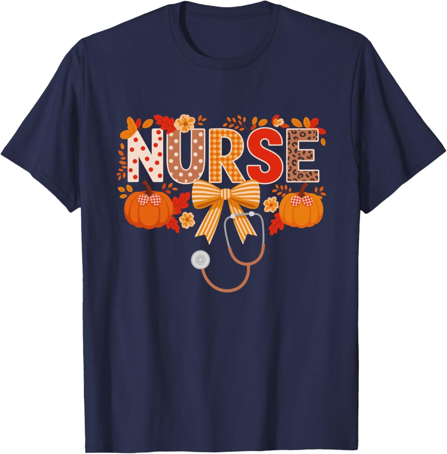 Thanksgiving Nursing Fall Autumn Vibes Coquette Nurse T-Shirt - T-Shirt | Navy