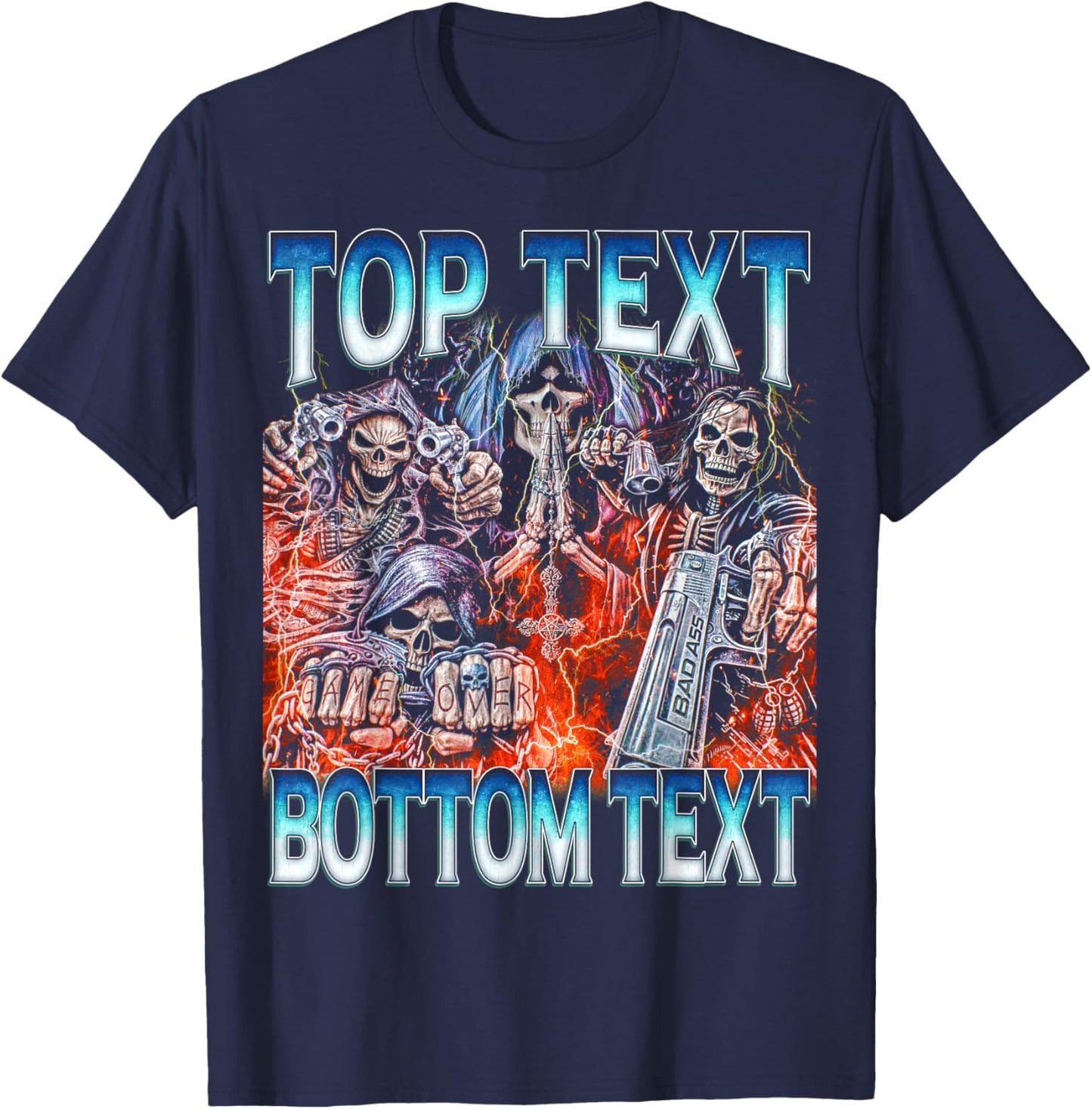 Top Bottom Text - Edgy Skeleton Bootleg Hard Skeleton Meme T-Shirt - T-Shirt | Navy