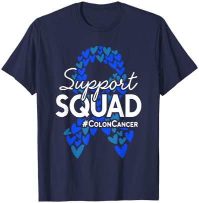 Colon Cancer Awareness Support Squad Blue Hearts Ribbon T-Shirt - T-Shirt | Navy