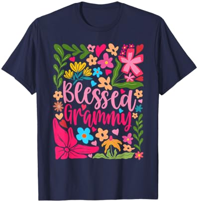 Blessed Grammy Retro Boho Flowers Floral Mother's Day T-Shirt - T-Shirt | Navy