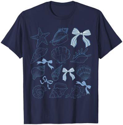 Coquette Bow Seashell Beach Coastal Retro Summer Vibes T-Shirt - T-Shirt | Navy