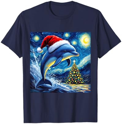 Christmas Dolphin Santa Hat Van Gogh Starry Night Holiday T-Shirt - T-Shirt | Navy
