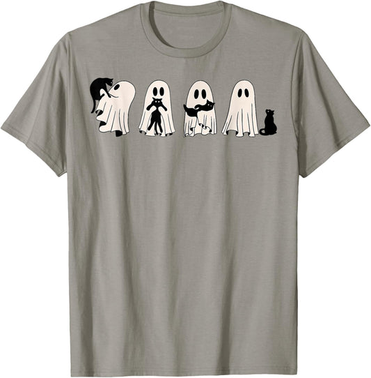 Ghost And Black Cat, Cute Ghost Holding Cat T-Shirt - T-Shirt | Sand