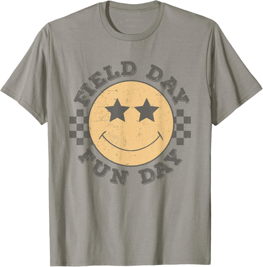 Field Day Fun Day 2025 Groovy Smile Face Checkered Students T-Shirt - T-Shirt | Sand