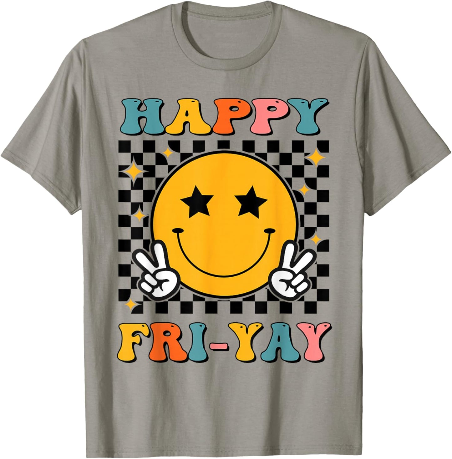 Retro Groovy Happy Fri-yay Friday Teacher Funny Friyay Men Women Kids T-Shirt - T-Shirt | Sand