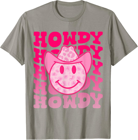Western Country Cow Howdy Leopard Smile Face Cowgirl Rodeo T-Shirt - T-Shirt | Sand