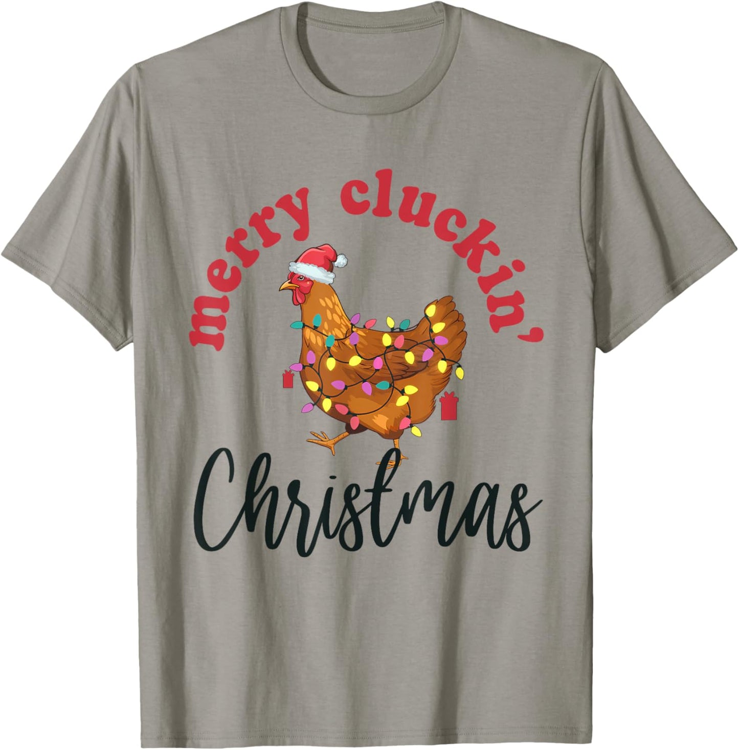Merry Cluckin' Christmas Funny Chicken Santa Xmas Lights T-Shirt - T-Shirt | Sand