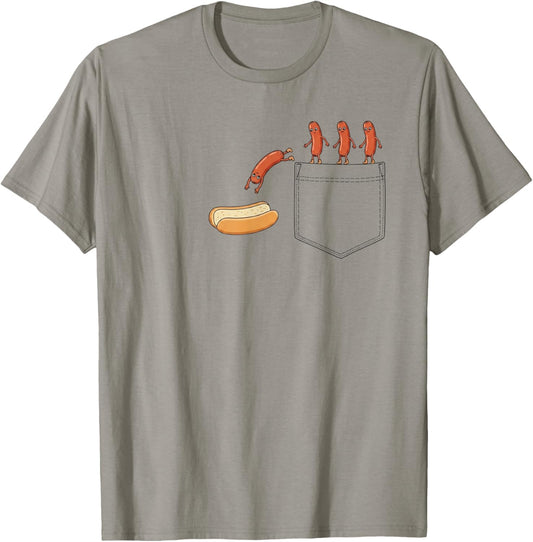 Funny Pocket Sausage Jumping Into Bun Hotdog Diving BBQ T-Shirt - T-Shirt | Sand