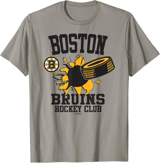 Boston Bruins Hockey Puck Burst Gray Officially Licensed T-Shirt - T-Shirt | Sand