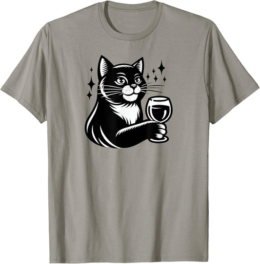 Black Cat With Wine Men Women T-Shirt - T-Shirt | Sand