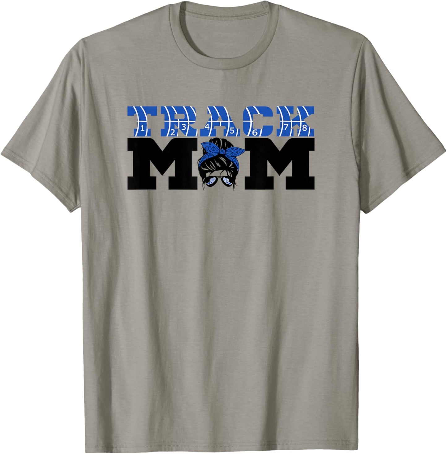 Women's Track, Track Mom, Messy Bun, Sports Mama, Blue T-Shirt - T-Shirt | Sand