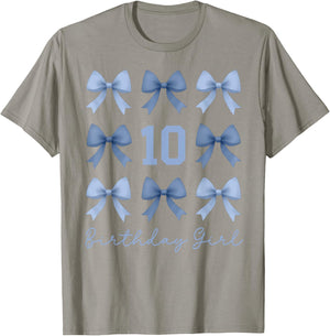 10th Birthday Girl Coquette Toile Blue Bow 10 Year Old Girl T-Shirt - T-Shirt | Sand