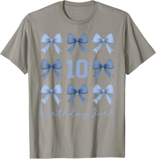 10th Birthday Girl Coquette Toile Blue Bow 10 Year Old Girl T-Shirt - T-Shirt | Sand