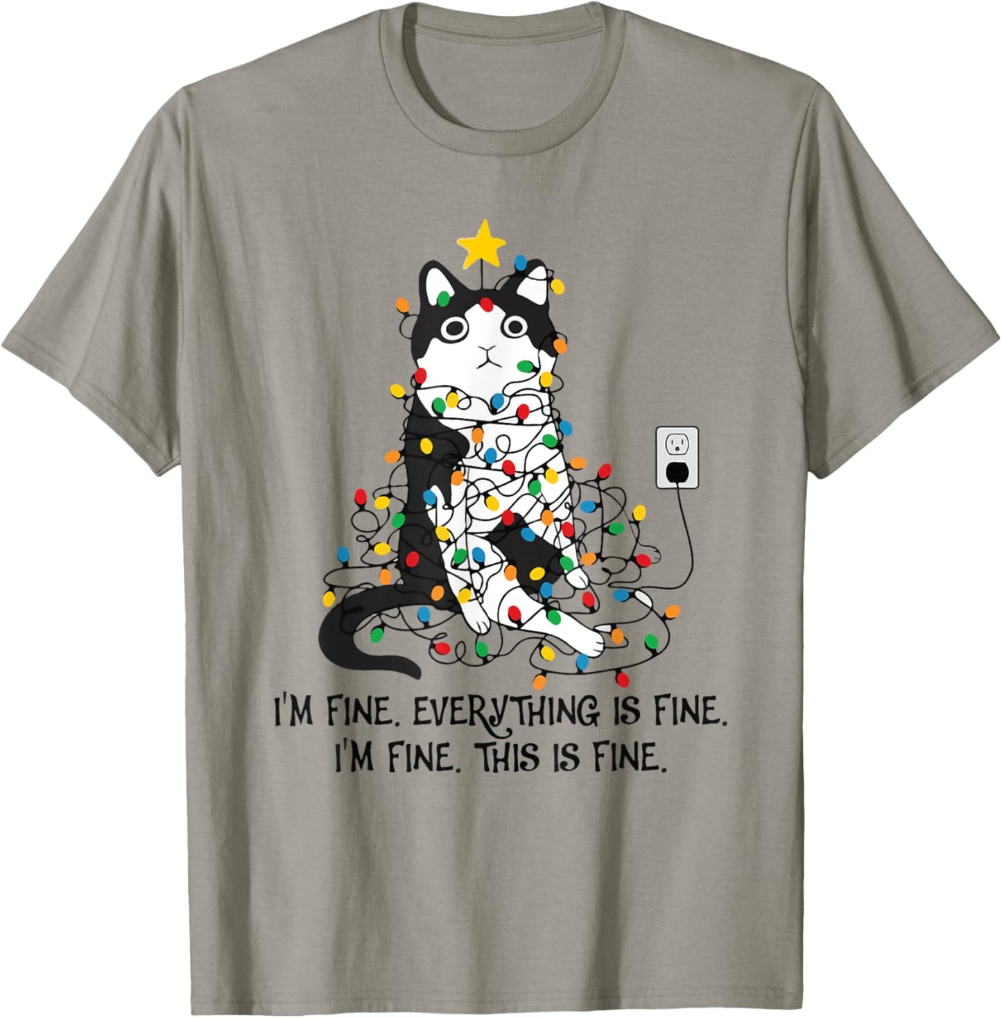 I'm Fine This Is Fine Everything Is Fine Black Cat Christmas T-Shirt - T-Shirt | Sand