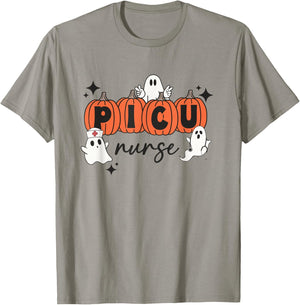 Cute Ghosts PICU Nurse Halloween Pumpkins Pediatric ICU T-Shirt - T-Shirt | Sand