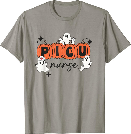 Cute Ghosts PICU Nurse Halloween Pumpkins Pediatric ICU T-Shirt - T-Shirt | Sand
