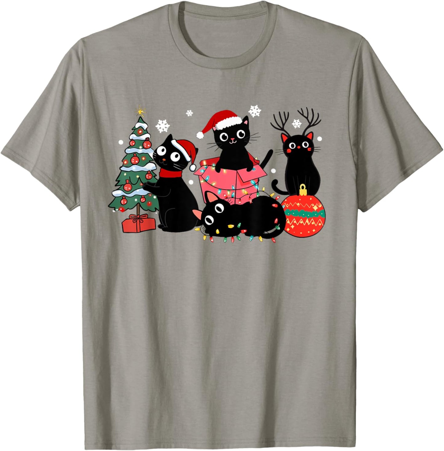 Meowy Christmas Black Cats Play Christmas Tree Lights Cats T-Shirt - T-Shirt | Sand