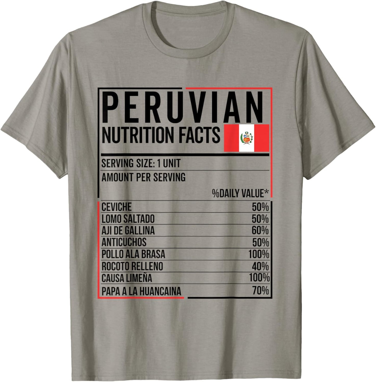 Peruvian Nutrition Facts Food Camiseta Peru Comida Peruana T-Shirt - T-Shirt | Sand
