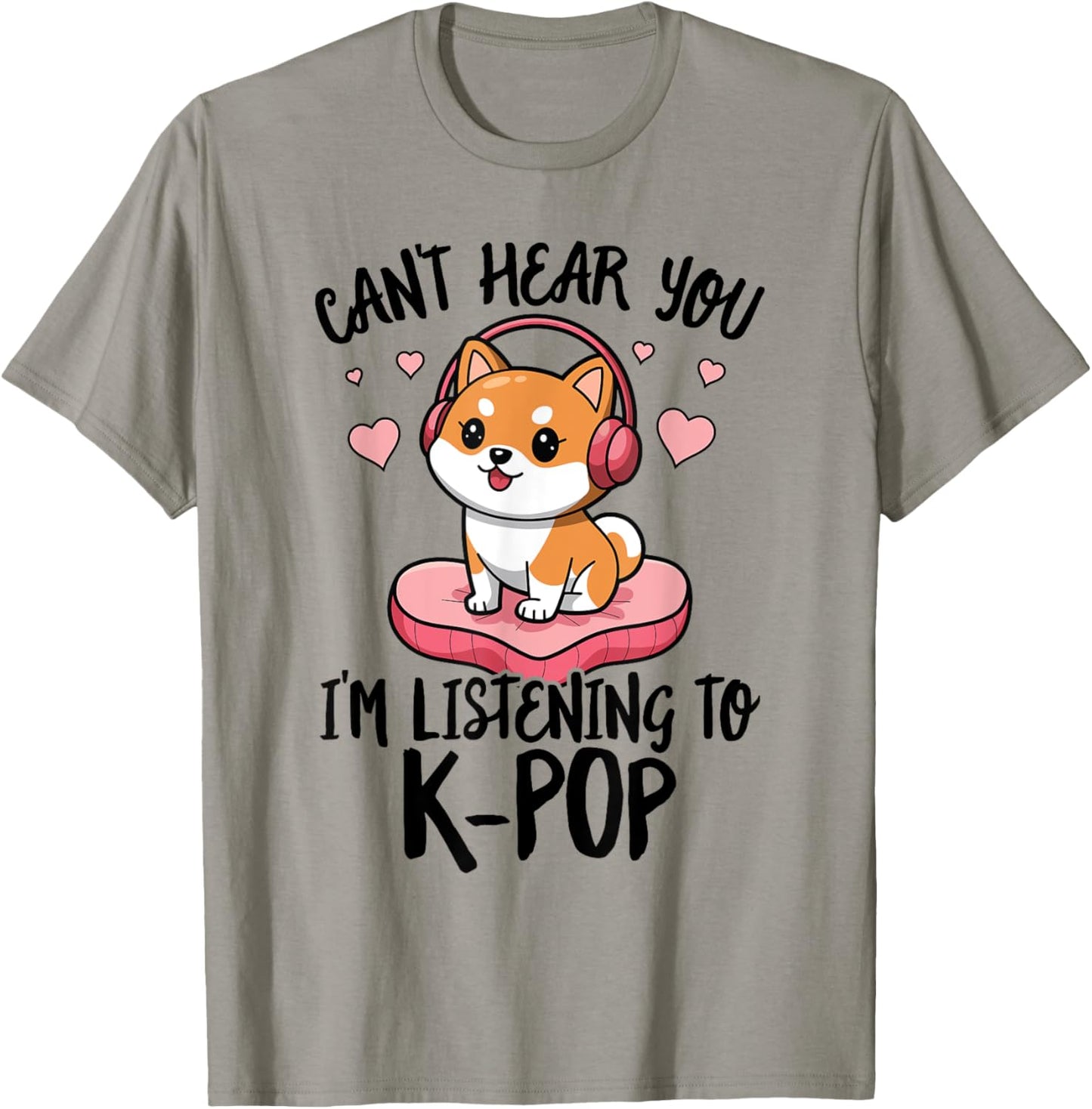 Cute Shiba Inu Dog Headphones K-Pop Music Lover Heart Kawaii T-Shirt - T-Shirt | Sand