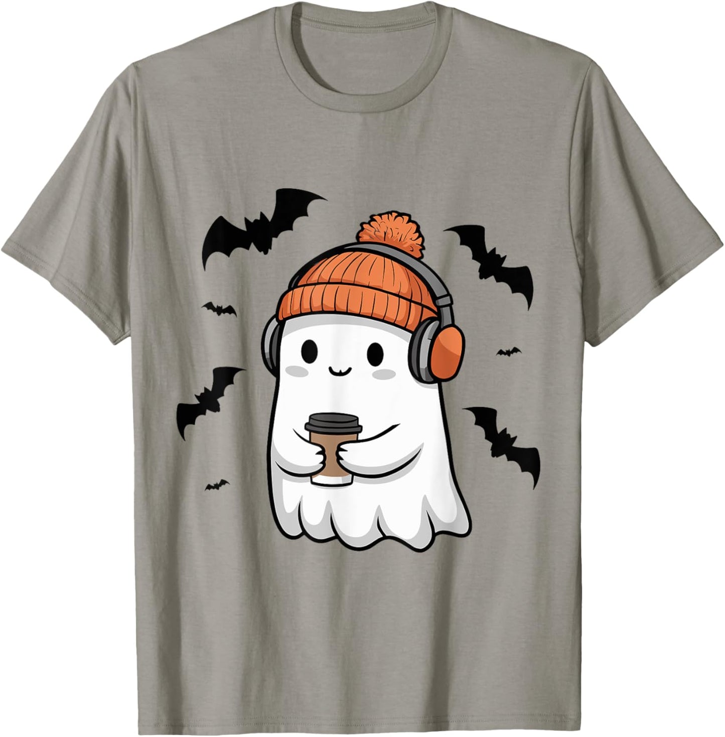 Cute Ghost Headphone Music Coffee Spooky Halloween T-Shirt - T-Shirt | Sand