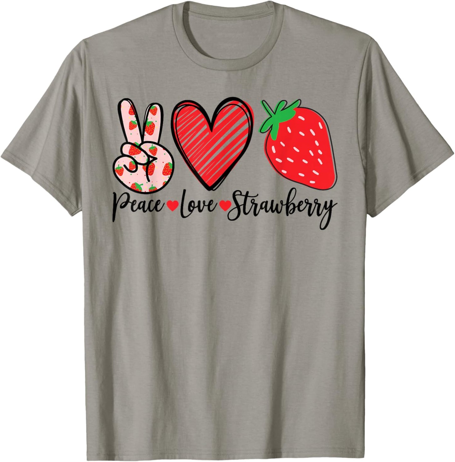 Peace Love Strawberry Graphic Fruit Design T-Shirt - T-Shirt | Sand