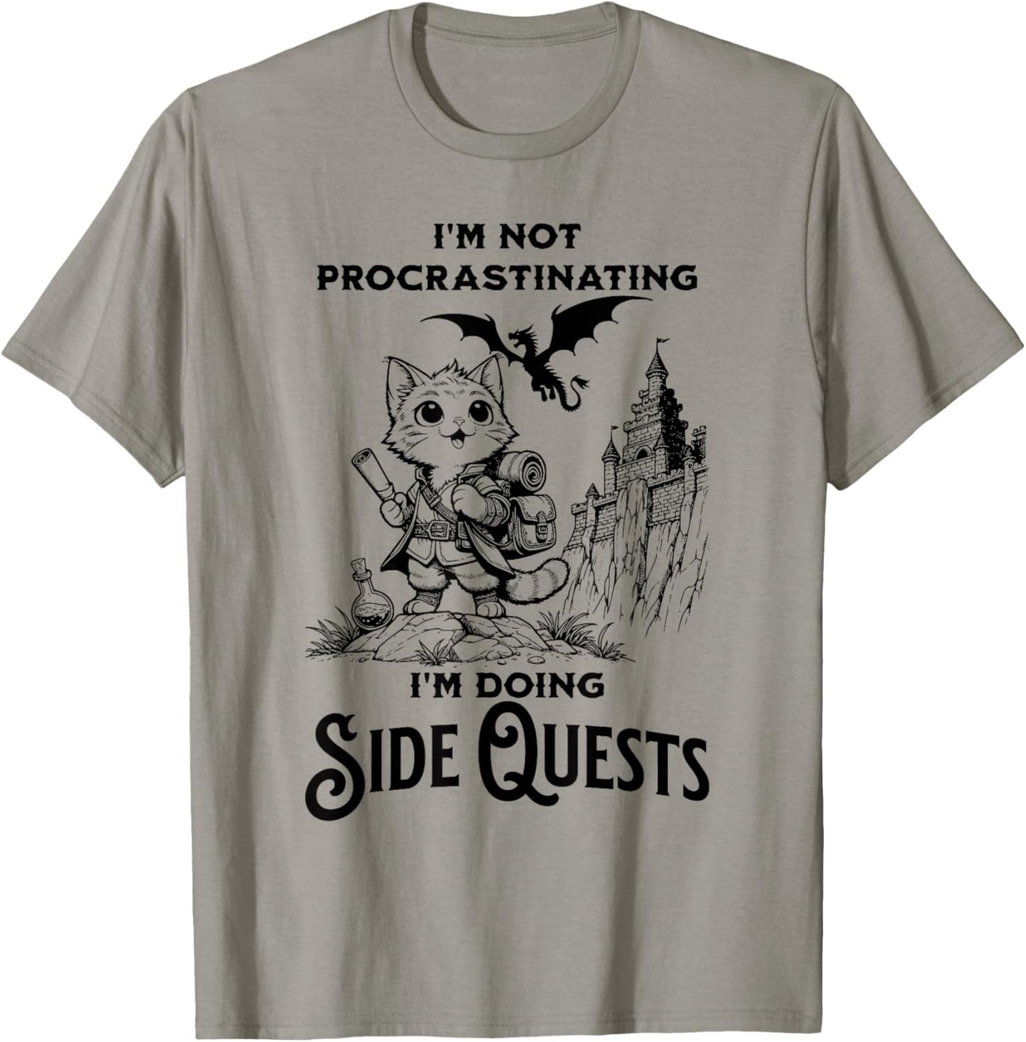 I'm Not Procrastinating I'm Doing Side Quests RPG Gamer Cat Men Women Kids T-Shirt - T-Shirt | Sand