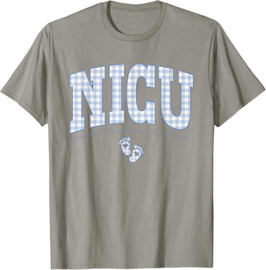 Women NICU Neonatal Intensive Care Nurse NICU Nurse Gingham T-Shirt - T-Shirt | Sand