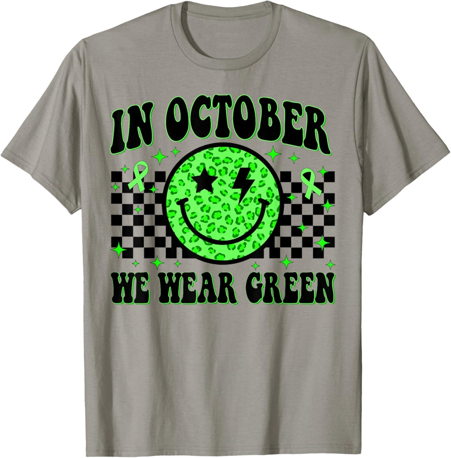In October We Wear Green Ribon Smile Face Dwarfism Awareness T-Shirt - T-Shirt | Sand