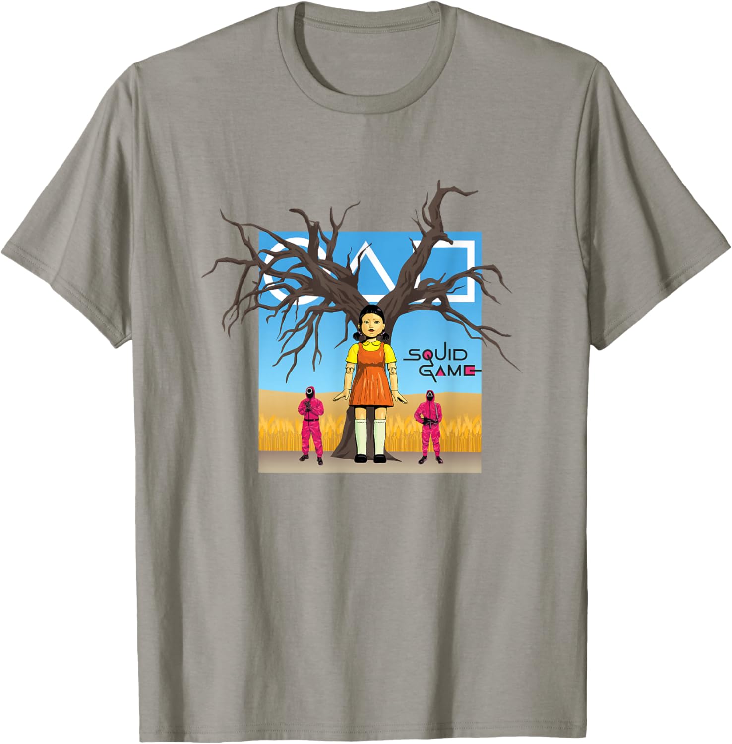 Squid Game 2 Doll & Guards In Red Light Green Light Field T-Shirt - T-Shirt | Sand